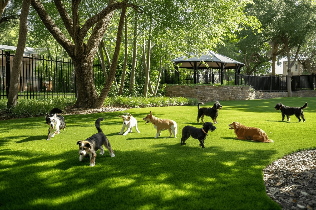 Commercial pet turf installation with dogs playing