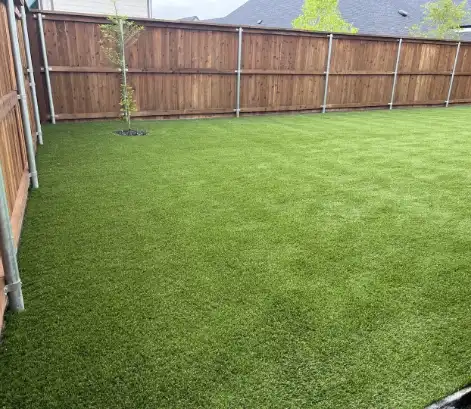 Lush green artificial grass lawn in a fenced backyard, showcasing a well-maintained outdoor space with synthetic turf.