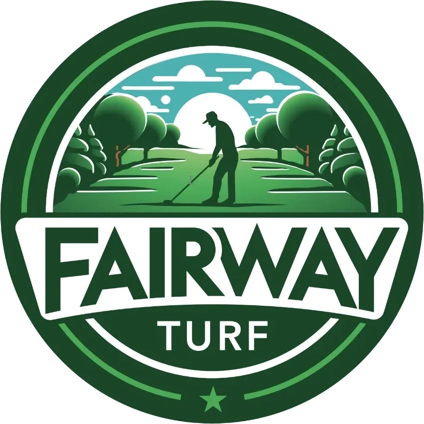 Fairway Turf logo featuring a golfer on a manicured lawn with trees and a sun backdrop, ideal for landscaping and turf services.